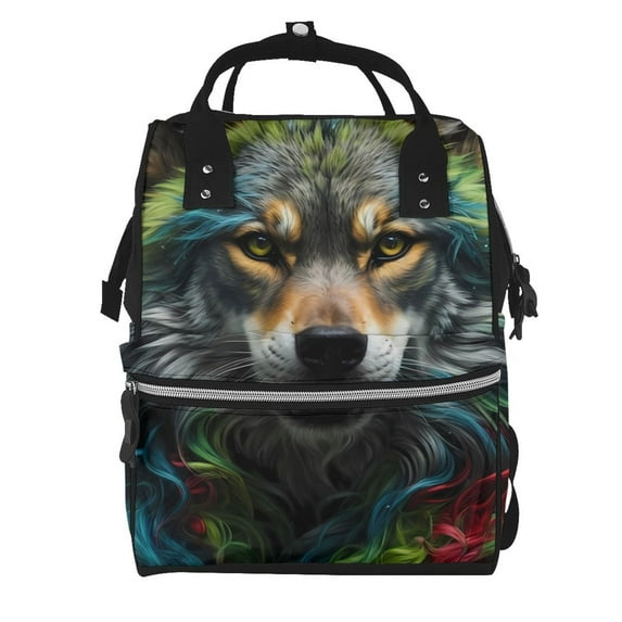 Zufioo Realistic Style Colorful Wolf Print Large capacity mommy bag, diaper bag, waterproof parent-child backpack, multi-pocket design backpack suitable for travel and shopping