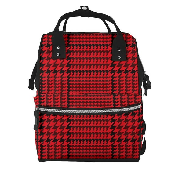 Zufioo Red Black Houndstooth Print Large capacity mommy bag, diaper bag, waterproof parent-child backpack, multi-pocket design backpack suitable for travel and shopping