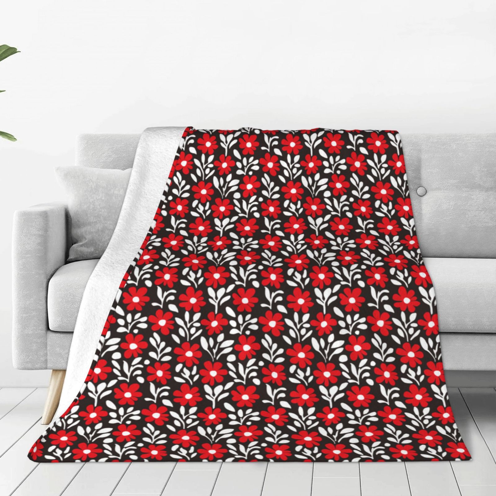 Zufioo Red Floral Fleece Blanket Queen Size,Plush Bed Blanket,Ultra