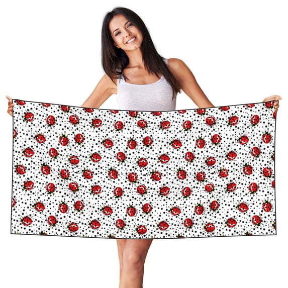 Zufioo Red Ladybugs On Black Dotted Print Silver Fox Fleece Beach Towel 27.5x55in, Super Absorbent Bath Towel, Suitable for Adult Beach, Swimming Pool and Home Use-One Size