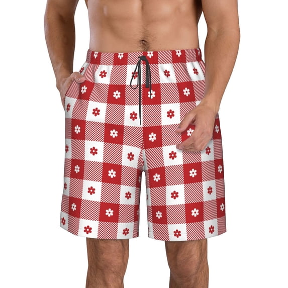 Zufioo Red Plaid Daisy for Men's Casual Beach Shorts, Sports Fitness Quick-drying Drawstring Shorts with Pockets for Home Wear-Small