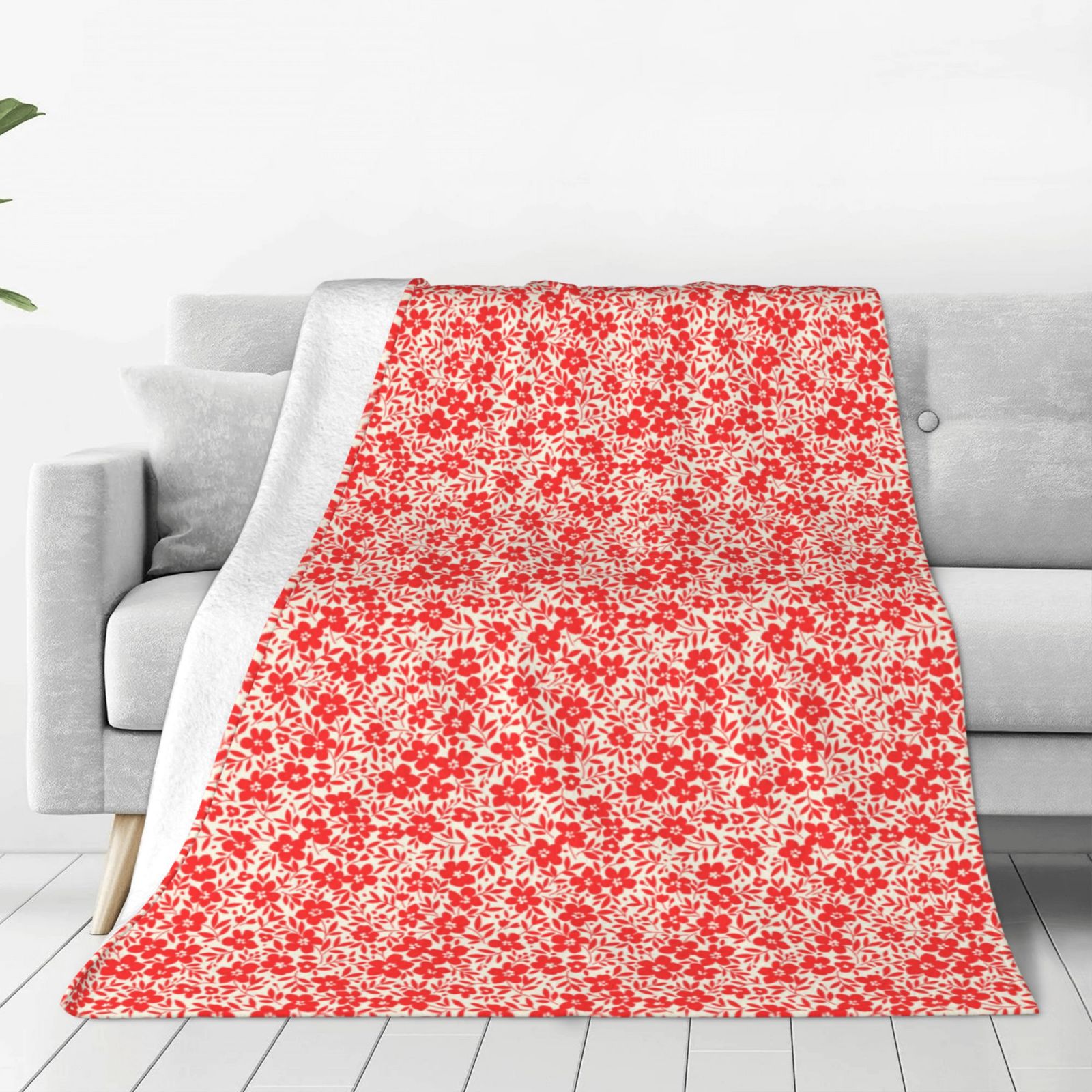 Zufioo Red Pretty Flowers Fleece Blanket Queen Size,Plush Bed Blanket