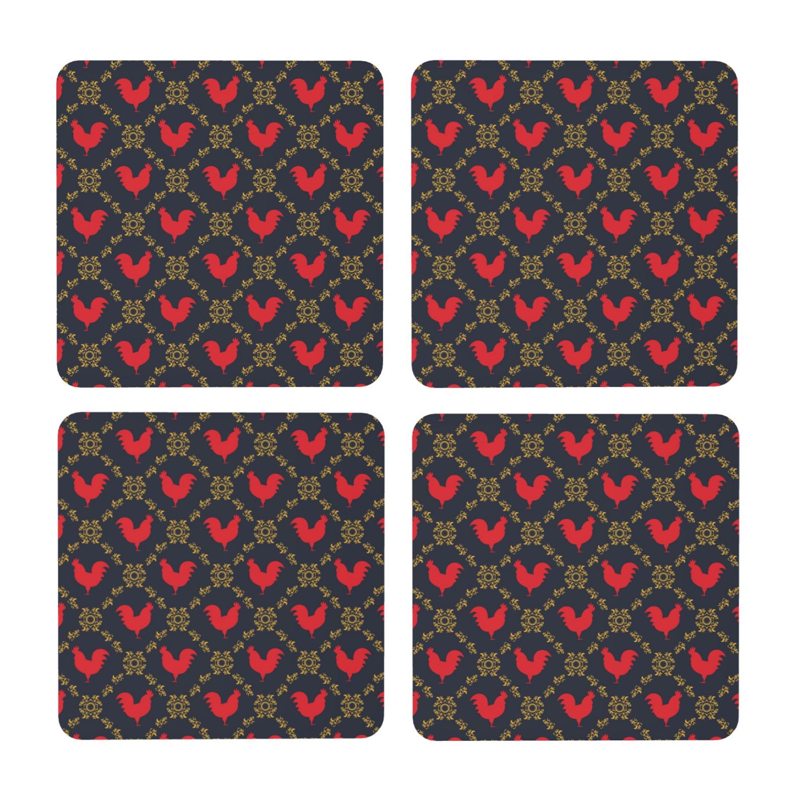 Zufioo Red Rooster 4 PCS MDF Cork Coasters,4 inches Round Cup Coasters
