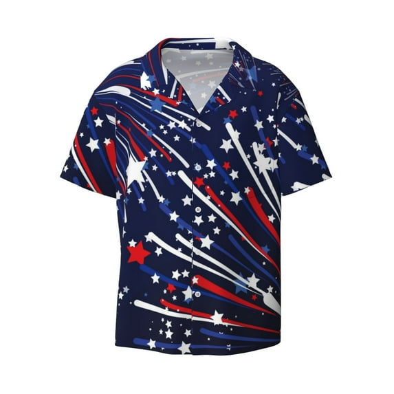 Zufioo Red White Blue Fireworks 1 Print Mens Button Down Short Sleeve Shirt,Classic Plaid Shirt,Mens Accessories Fashion Shirt-X-Large