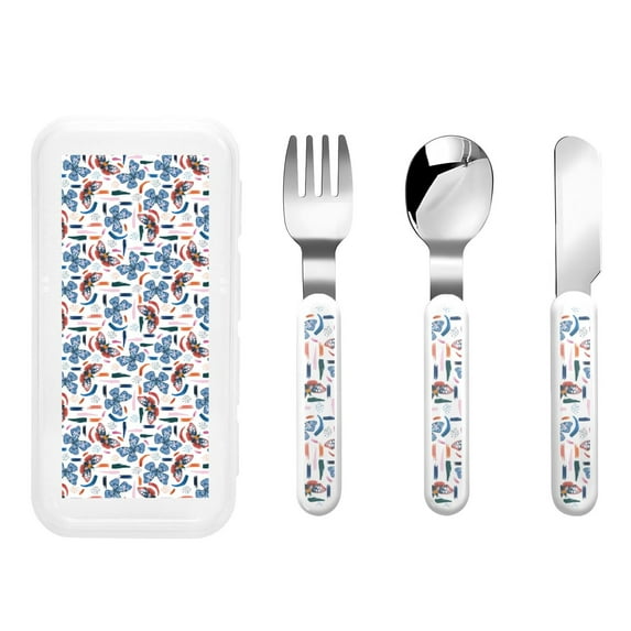 Zufioo Retro Butterfly Print Children's Knife, Fork and Spoon Three-Piece Set, Toddler Safety Cutlery with Outer Box Suitable for Home and Kindergarten Use