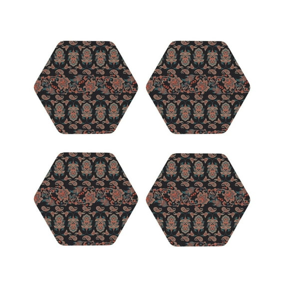 Zufioo Retro Floral Print Leather Coaster Set, Decorative PVC Coasters 4-pack - Scald and Stain-resistant, Suitable for Home, Cafes, Restaurants-Hexagon