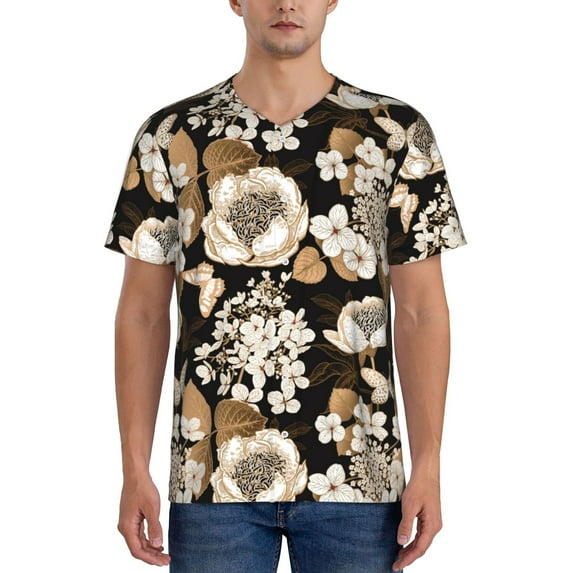 Zufioo Retro Hydrangeas Print Men's Baseball Short Sleeve, Moisture Wicking Button-Down Hip Hop Tee-XX-Large