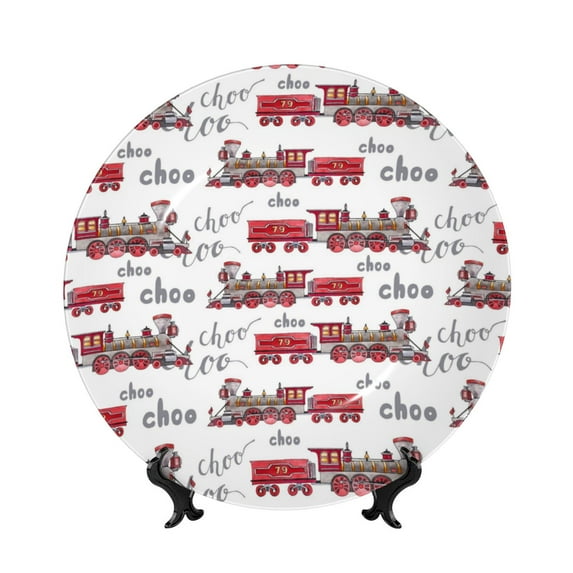 Zufioo Retro Train Print Bone China Decorative Plate, Ceramic Dinner Plate with Stand Ceramic Decoration Homewares-8in