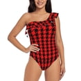 thumbnail image 1 of Zufioo Retro red and Black Houndstooth Print One-shoulder Ruffled One-piece Swimsuit, High Elastic Integrated Removable Chest Pad Swimsuit Suitable for Beach, Pool and Vacation-Medium, 1 of 6