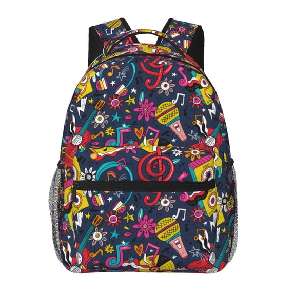 Zufioo Rock Music Print Casual Student Backpack, Adjustable Shoulder Straps Multi-Function Multi-Pocket Sports Bag Travel Backpack, Unisex-One Size