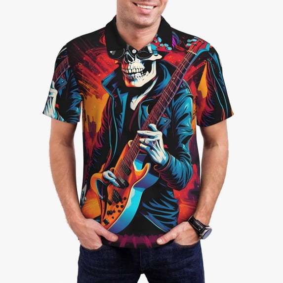 Zufioo Rock Skull Singer Print Men's POLO Shirts, Quick-drying Button-down Business and Vacation Shirts, T-shirts, Summer Clothing-X-Large