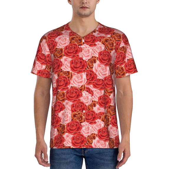 Zufioo Rose Flowers Print Men's Baseball Short Sleeve, Moisture Wicking Button-Down Hip Hop Tee-X-Large