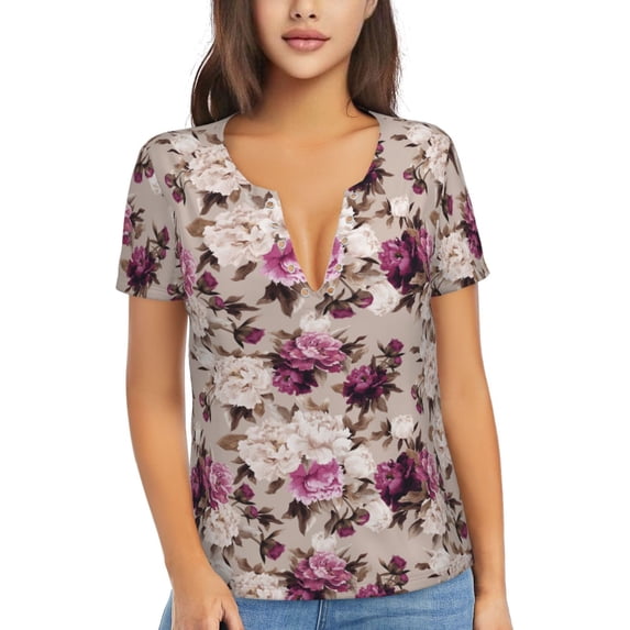 Zufioo Rose Flowers for Women's Deep V-neck Short-sleeved T-shirt, Top with Short Sleeves - with Stainless Steel Buckle, Moisture Wicking, Ideal Home Wear-X-Large