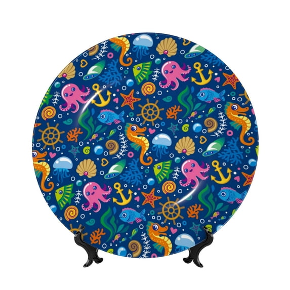 Zufioo Sea Fish Print Bone China Decorative Plate, Ceramic Dinner Plate with Stand Ceramic Decoration Homewares-10in
