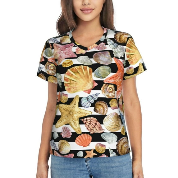 Zufioo Sea Shell Print Women's Classic V-neck T-shirt, V-neck Short-sleeved Tops Home Wear, Suitable for Daily Life, Work, Outdoors-Large