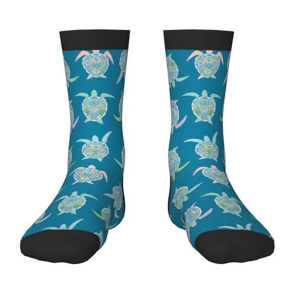 Zufioo Sea Turtle Print Children's Mid-tube Socks, Contrast Color High Elastic Sports Socks - Sweat-absorbent, Warm, Suitable for Children Aged 6-10