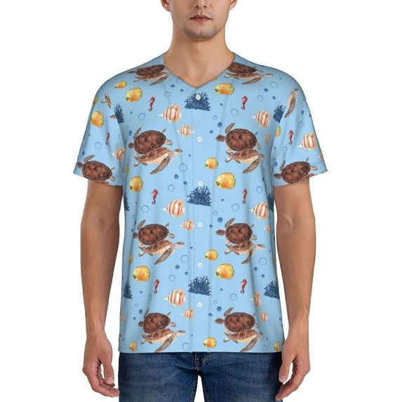 Zufioo Sea Turtle Print Men's Baseball Short Sleeve, Moisture Wicking Button-Down Hip Hop Tee-Small