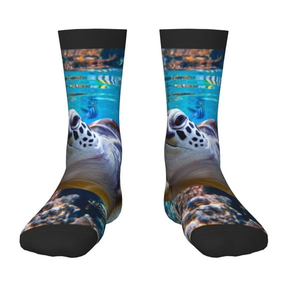 Zufioo Sea Turtle Swims Print Children's Mid-tube Socks, Contrast Color High Elastic Sports Socks - Sweat-absorbent, Warm, Suitable for Children Aged 6-10