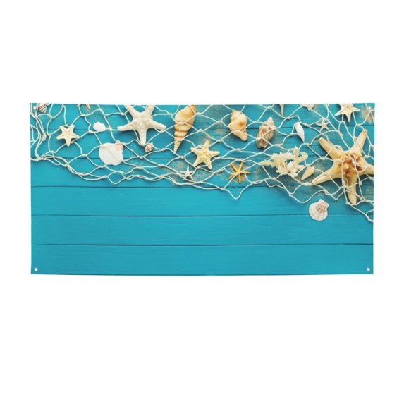 Zufioo Seashells And Fishing Net On Blue Wooden Table Print Holiday Banners, Party Banners, Hanging Flags, Bar Shopping Mall Garden Wall Decorations, Holiday Decoration Supplies-Medium
