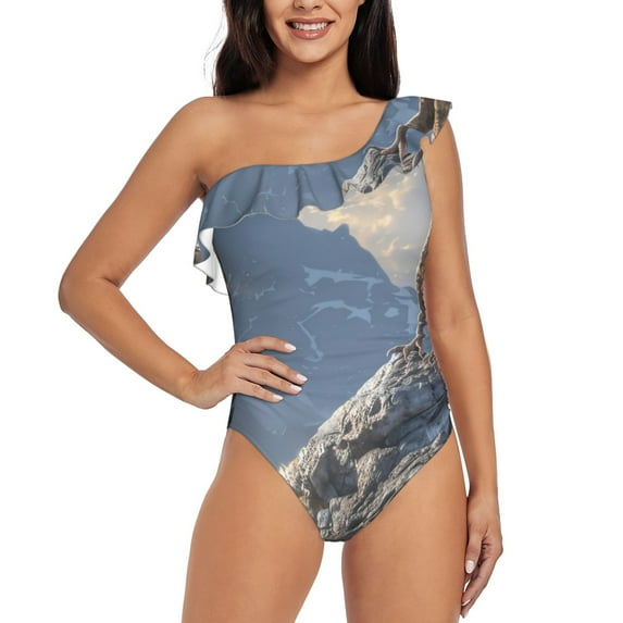 Zufioo Silver Dragon Mountain Peaks Print One-shoulder Ruffled One-piece Swimsuit, High Elastic Integrated Removable Chest Pad Swimsuit Suitable for Beach, Pool and Vacation-Medium