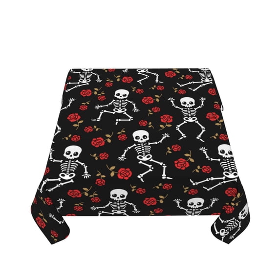 Zufioo Skeleton with Roses Print Square Decorative Tablecloth, Wrinkle-resistant, Waterproof and Oil-resistant Tablecloth Coffee Table Cloth, Suitable for Restaurants-60"x60"