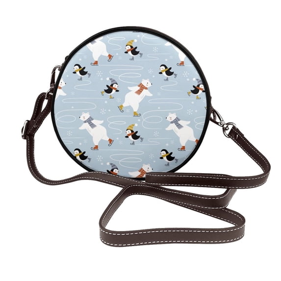 Zufioo Skiing penguin Bear Print Leather Shoulder Round Bag, Waterproof Leather Crossbody Bag, Detachable Shoulder Strap and Carrying Loop, Women's Luggage Accessories-One Size