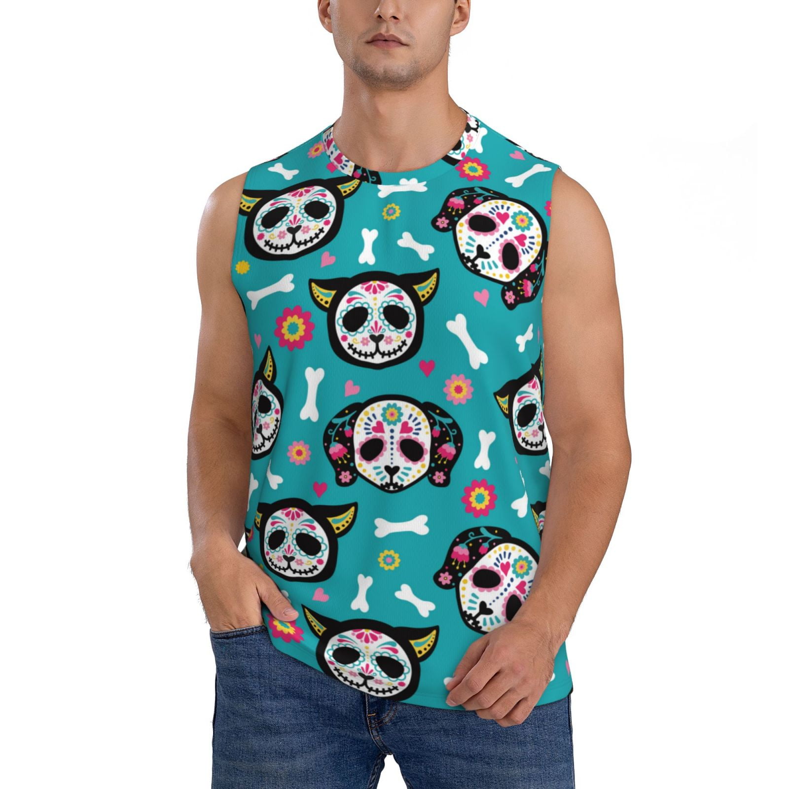 Zufioo Skull Cat Men's Tank Top,Men's Sleeveless Muscle Shirts,Basic