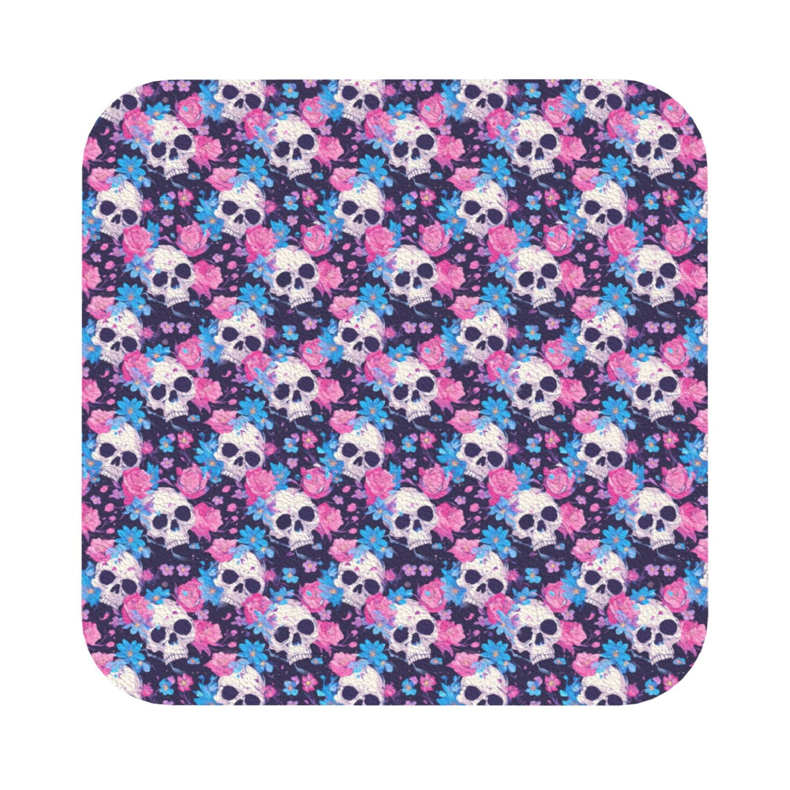 Zufioo Skull Flower Blue 6PCS Leather Coasters ,4 Inch Coasters