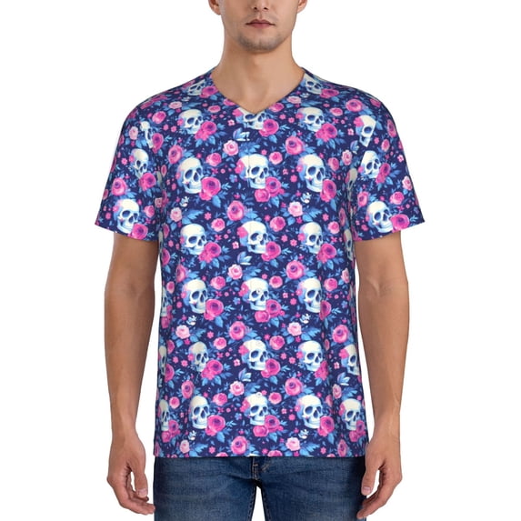 Zufioo Skull Flower Print Men's Baseball Short Sleeve, Moisture Wicking Button-Down Hip Hop Tee-XX-Large