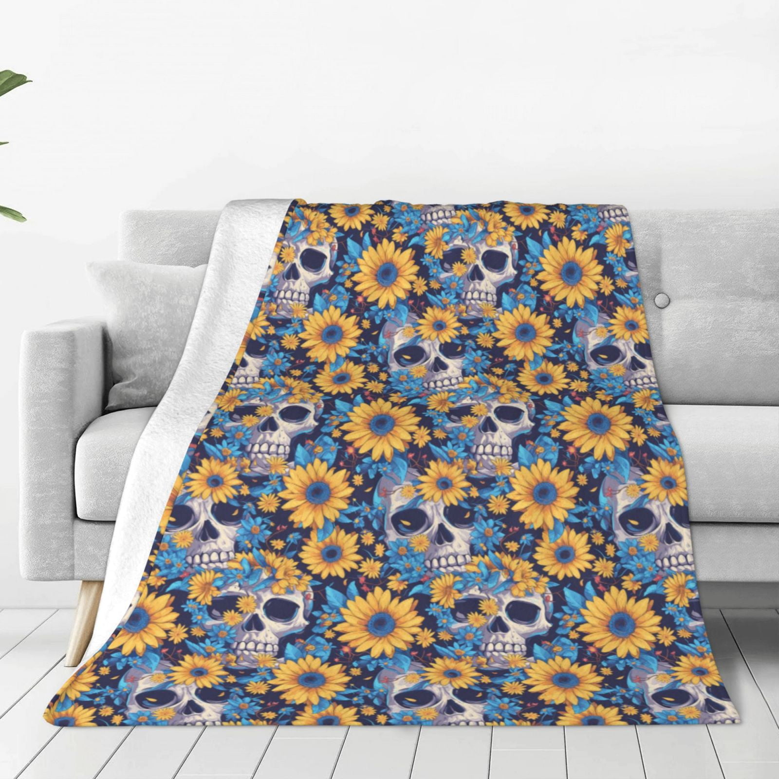 Zufioo Skull daisy yellow blue Fleece Blanket Queen Size,Plush Bed