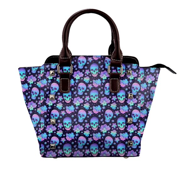 Zufioo Skull flower funny Print Leather Rivet Shoulder Bag, Microfiber PU Leather Adjustable Shoulder Strap Handbag, Ideal Gift for Women-One Size