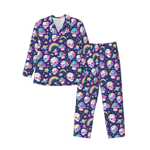 Zufioo Skull mushroom rainbow space Mens Pajamas Set, Mens Long-Sleeved Pajama and Pajama Pants,Pajamas Para Hombres,Men's Sleepwear-Large