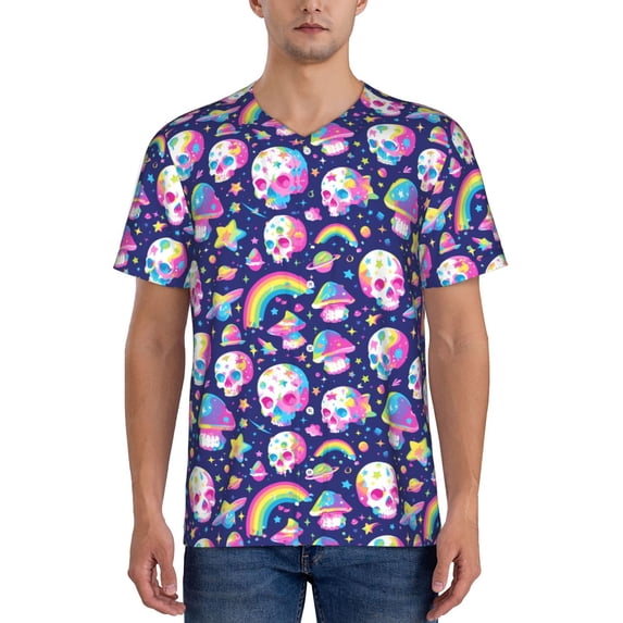 Zufioo Skull mushroom rainbow space Print Men's Baseball Short Sleeve, Moisture Wicking Button-Down Hip Hop Tee-3X-Large