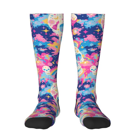 Zufioo Skull rainbow color space Print Long High Thigh Socks Knee-High Warm Stocking Women Boot Sock Leg Warmer High Socks for Daily Wear, Cosplay