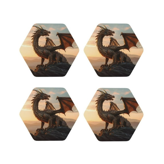 Zufioo Sky Sunset Bronze Dragon Print Leather Coaster Set, Decorative PVC Coasters 4-pack - Scald and Stain-resistant, Suitable for Home, Cafes, Restaurants-Hexagon
