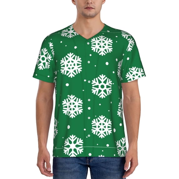 Zufioo Snowflake Print Men's Baseball Short Sleeve, Moisture Wicking Button-Down Hip Hop Tee-X-Large