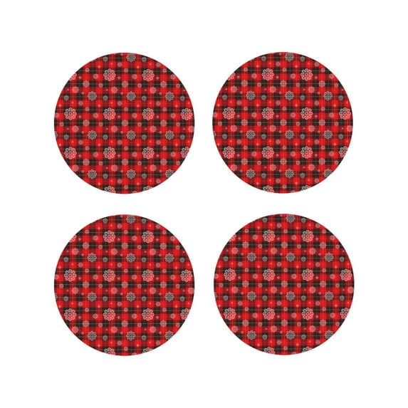 Zufioo Snowflakes On A Buffalo Plaid Print Leather Coaster Set, Decorative PVC Coasters 4-pack - Scald and Stain-resistant, Suitable for Home, Cafes, Restaurants-Round Shape