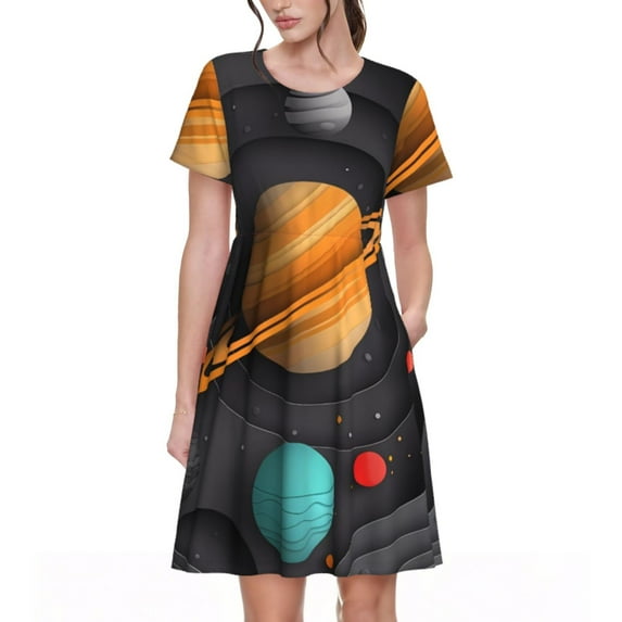 Zufioo Solar System Paper Art Print Women's Short Sleeve Dress, Elastic Round Neck Pullover A-line Knee-length Dress, Suitable for Party, Vacation, Leisure