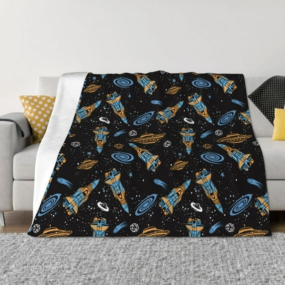 Zufioo Space Rocket Print Horizontal Flannel Blanket, Anti-wrinkle, Anti-shrinkage, Anti-allergic Plush Blanket, Household Items Suitable for Bedroom-60"x50"