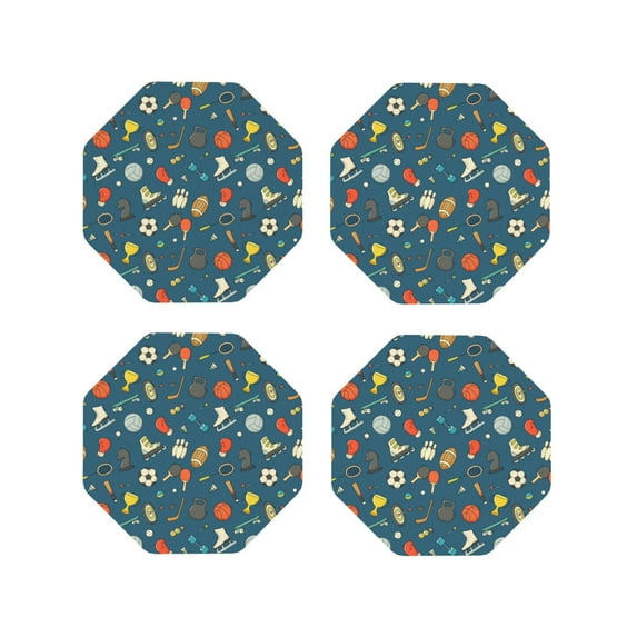 Zufioo Sports Ball Print Leather Coaster Set, Decorative PVC Coasters 4-pack - Scald and Stain-resistant, Suitable for Home, Cafes, Restaurants-Octagon