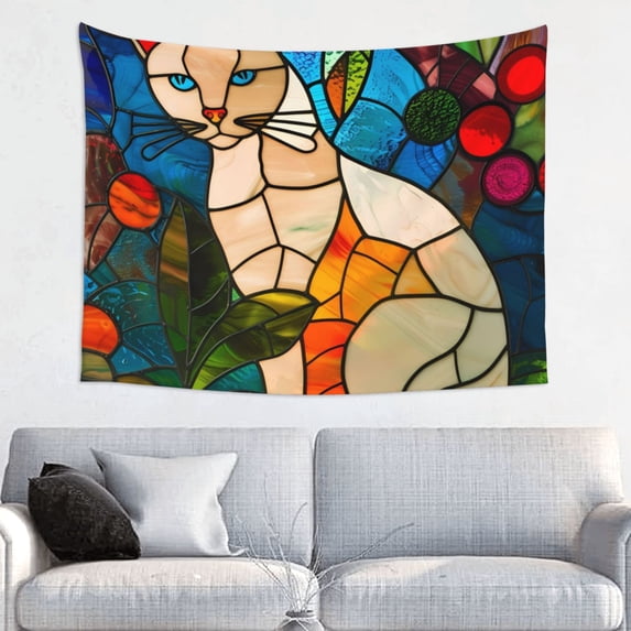 Zufioo Stained Glass Cat Art Print Wall Decoration Tapestry 29x37in, Indoor Outdoor Dormitory Background Decoration Wall Hanging Home Furnishings