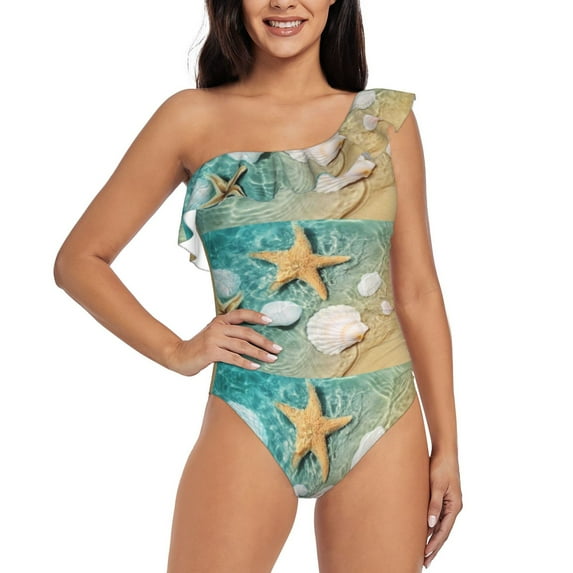 Zufioo Starfish And Seashell Print One-shoulder Ruffled One-piece Swimsuit, High Elastic Integrated Removable Chest Pad Swimsuit Suitable for Beach, Pool and Vacation-