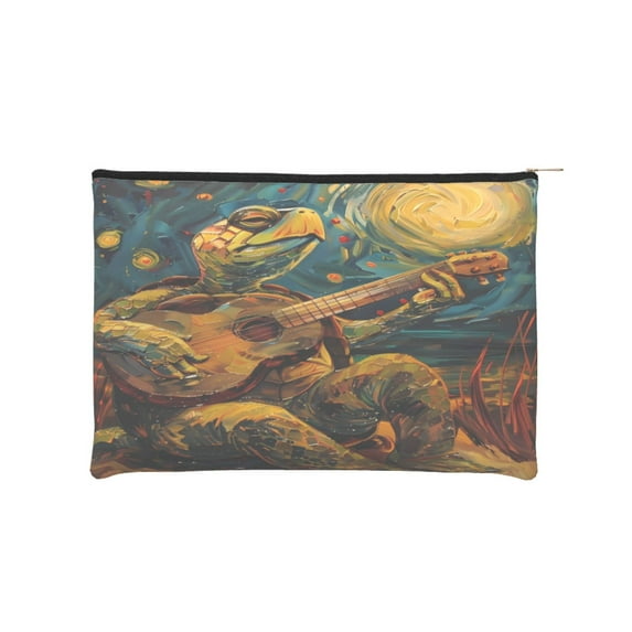 Zufioo Starry Night Guitar Turtle Print DuPont Paper Portable Toiletry Bag, 8.9x6.5 inch Zippered Hand-held Paper Cosmetic Bag Storage Tool Kit