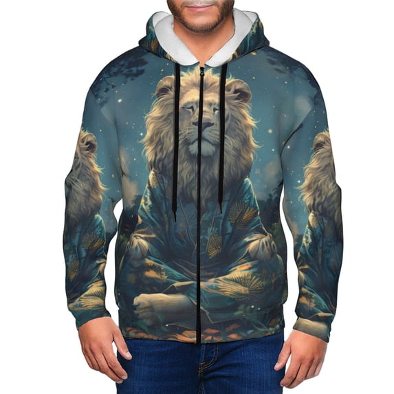 Zufioo Starry Sky Meditating Lion Print Men's Hooded Cardigan, Zip-up Long-Sleeved Sweatshirt Jacket Sportswear-XX-Large