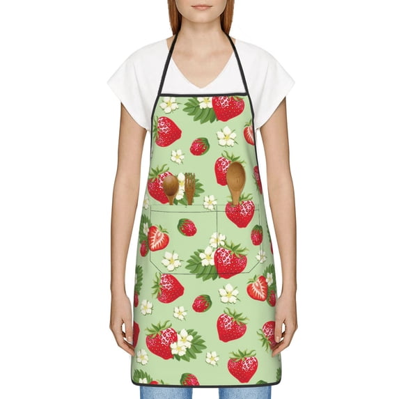 Zufioo Strawberry Floral for Lock Hem Apron with Pockets, Stain and Oil Proof Tie-down Apron for Cooking Barbecue Restaurant, Unisex-One Size