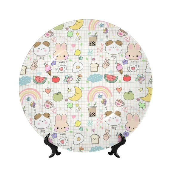 Zufioo Summer Rabbit Print Bone China Decorative Plate, Ceramic Dinner Plate with Stand Ceramic Decoration Homewares-7in