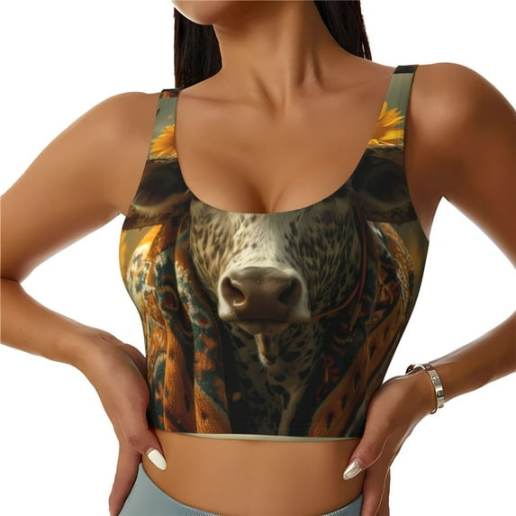 Zufioo Sunflower Cowboy Hat Cow Print Women's Sports Vest, U-shaped Removable Chest Pad Sports Backless Top, Suitable for Fitness and Bodybuilding, Leisure and Daily Life-Small