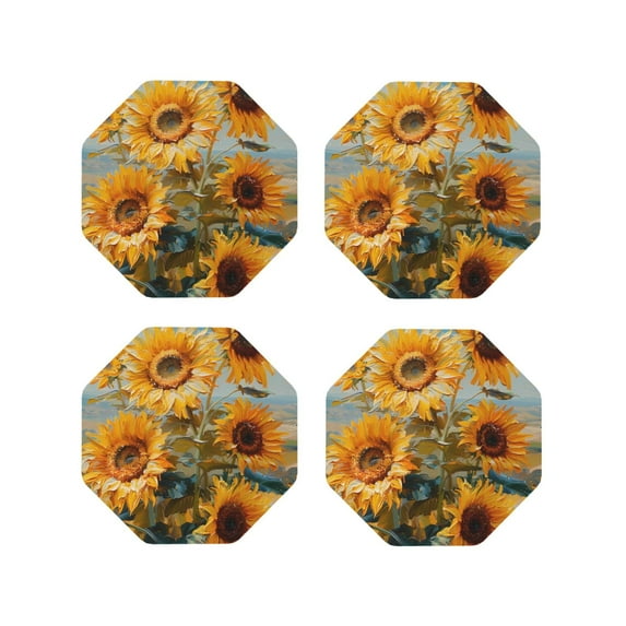 Zufioo Sunflower Field Art Print Leather Coaster Set, Decorative PVC Coasters 4-pack - Scald and Stain-resistant, Suitable for Home, Cafes, Restaurants-Octagon