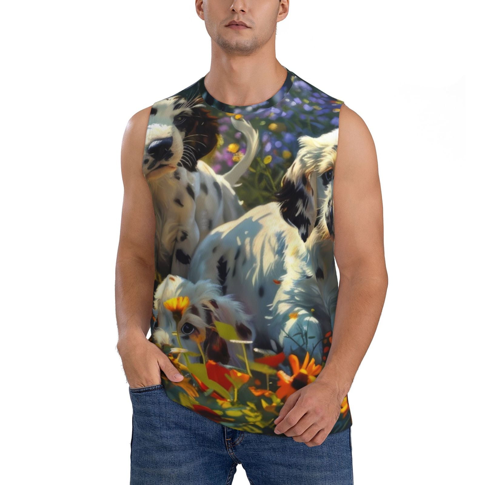 Zufioo Sunflower Field Spotted Dog Men's Tank Top,Men's Sleeveless
