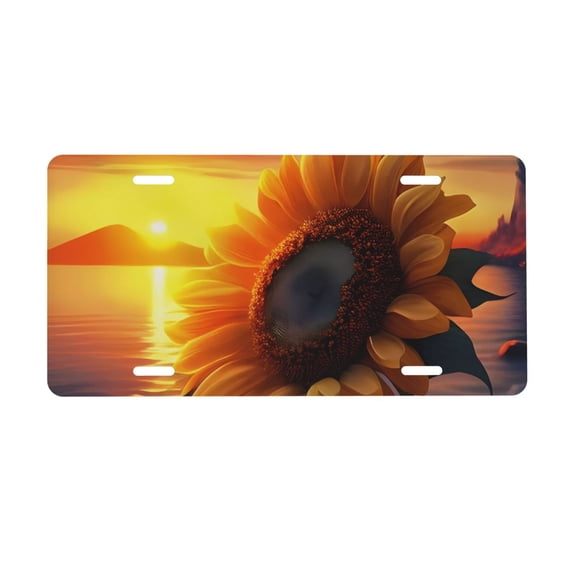 Zufioo Sunset Coast Sunflower Print Car Aluminum Front License Plate, 12x6 Inch Decorative Personalized Car License Plate Car Accessories